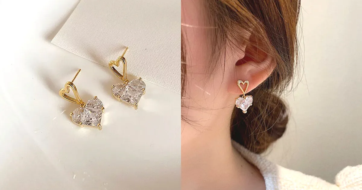 Chic CZ Gold Double Heart Earrings