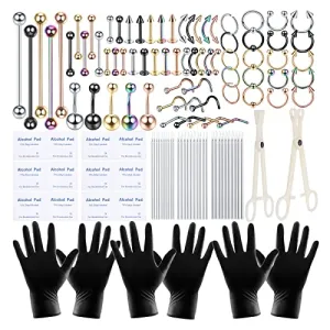 ChiMunllin 120PCS Body Piercing Kit Surgical Steel 14G 16G 20G BCR CBR Labret Lip Rings Cartilage Daith Earrings Nose Septum Nose Studs Belly Button Rings Piercing Jewelry Needles Gloves Clamps Tools