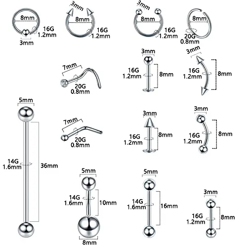 ChiMunllin 120PCS Body Piercing Kit Surgical Steel 14G 16G 20G BCR CBR Labret Lip Rings Cartilage Daith Earrings Nose Septum Nose Studs Belly Button Rings Piercing Jewelry Needles Gloves Clamps Tools