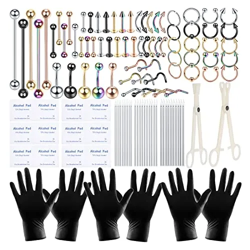 ChiMunllin 120PCS Body Piercing Kit Surgical Steel 14G 16G 20G BCR CBR Labret Lip Rings Cartilage Daith Earrings Nose Septum Nose Studs Belly Button Rings Piercing Jewelry Needles Gloves Clamps Tools
