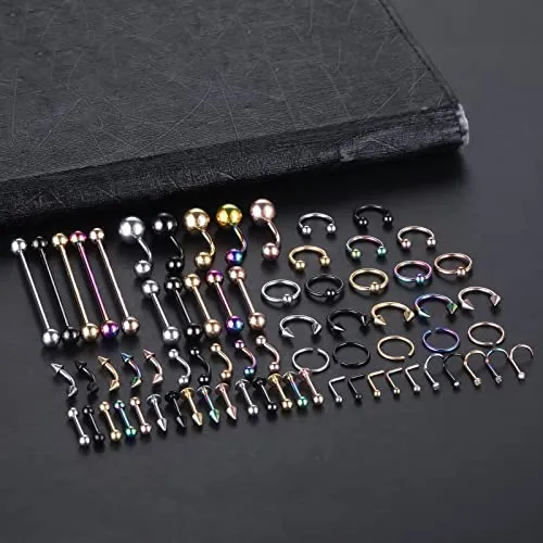 ChiMunllin 120PCS Body Piercing Kit Surgical Steel 14G 16G 20G BCR CBR Labret Lip Rings Cartilage Daith Earrings Nose Septum Nose Studs Belly Button Rings Piercing Jewelry Needles Gloves Clamps Tools
