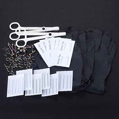 ChiMunllin 120PCS Body Piercing Kit Surgical Steel 14G 16G 20G BCR CBR Labret Lip Rings Cartilage Daith Earrings Nose Septum Nose Studs Belly Button Rings Piercing Jewelry Needles Gloves Clamps Tools