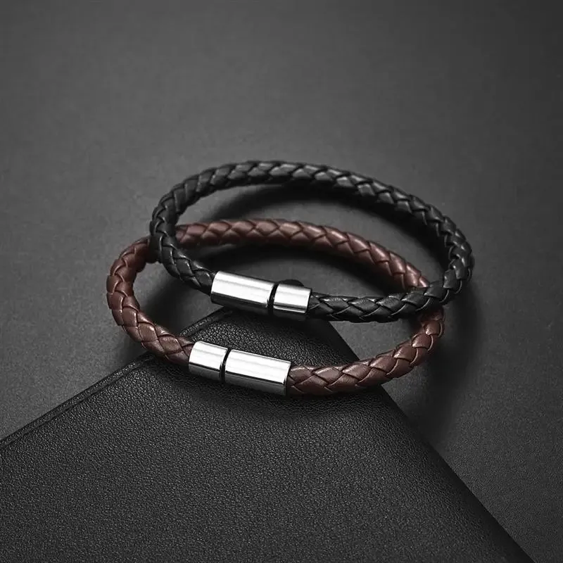 Classic Single Layer Leather Bracelet - Simple Braided Black & Brown Unisex Jewelry