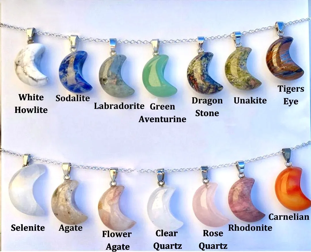 Crystal Cresent Moon Necklace - Polished Crystal Moon Pendant - Crystal Pendant - Gemstone Crescent Moon - Moon Shaped Gift - Moon Jewelry