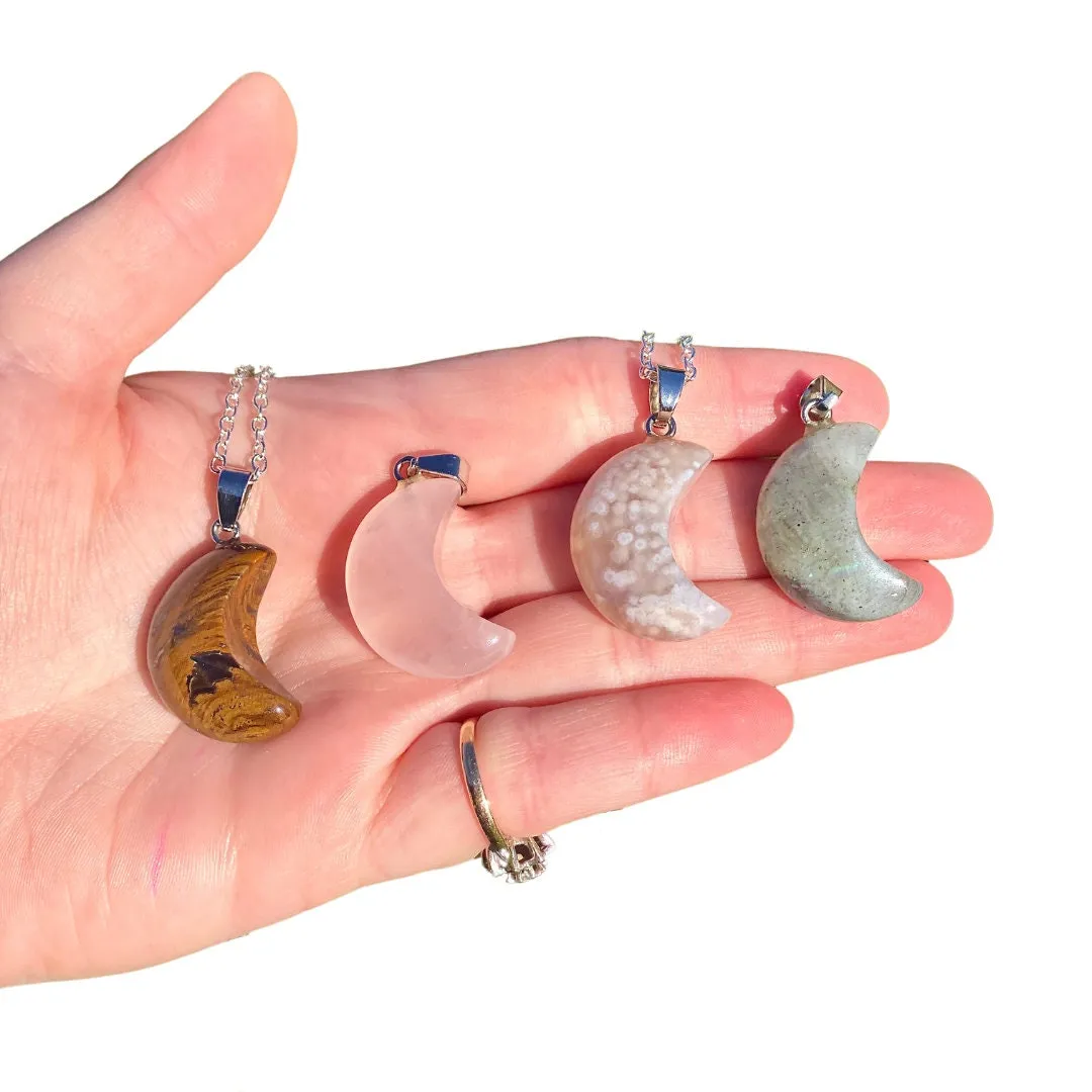 Crystal Cresent Moon Necklace - Polished Crystal Moon Pendant - Crystal Pendant - Gemstone Crescent Moon - Moon Shaped Gift - Moon Jewelry