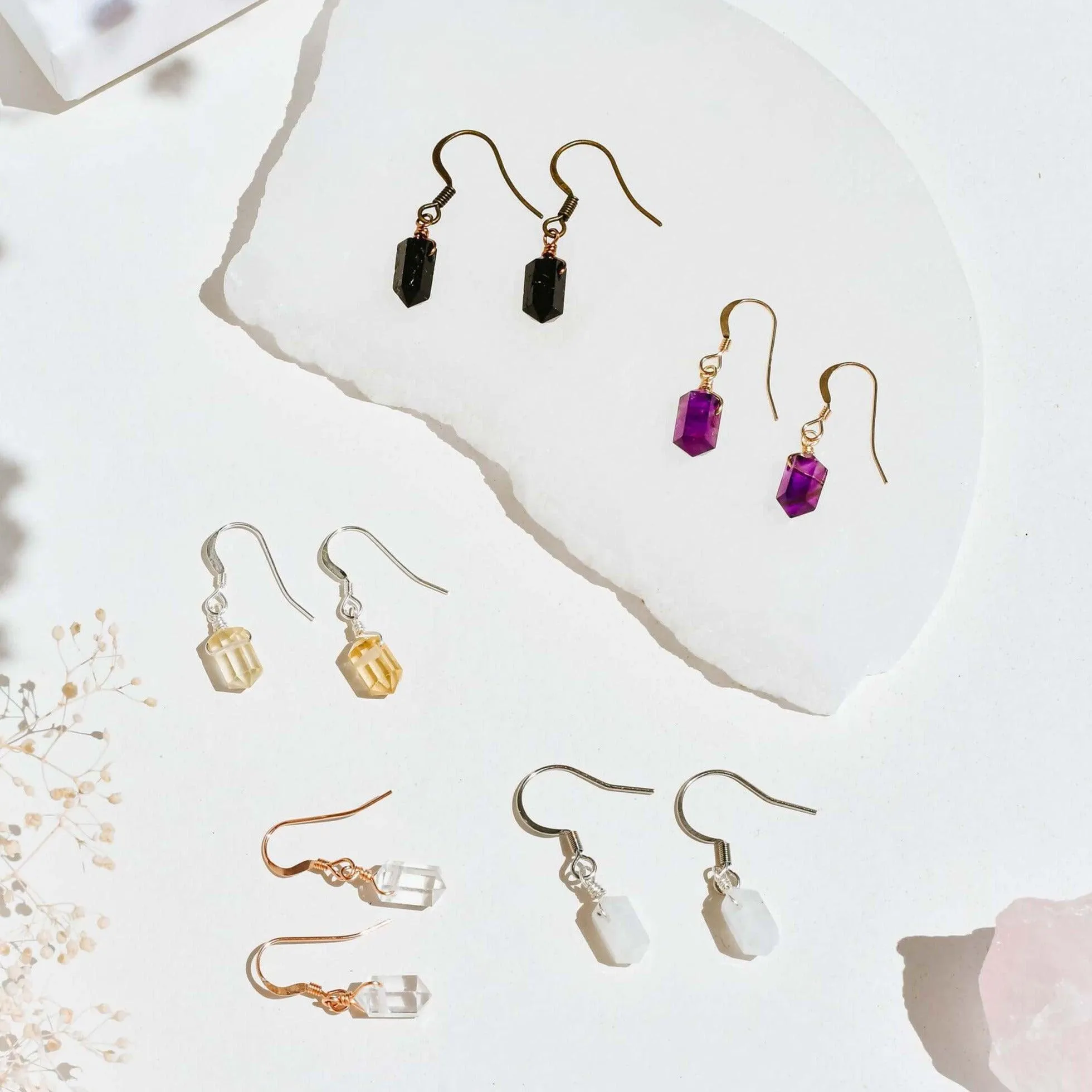 Custom Mini Double Terminated Crystal Point Dangle Drop Earrings