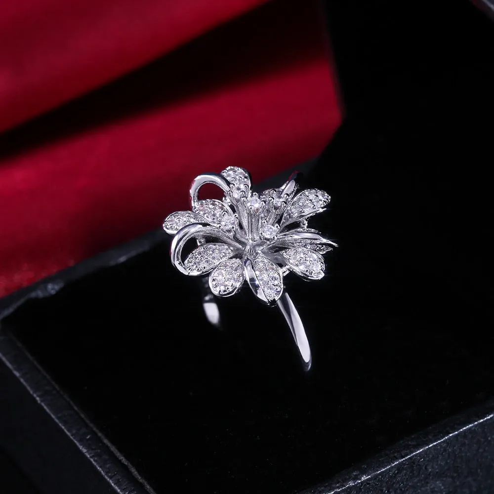 Cute Brilliant Elegant Snow Flower Flake Shaped With Cubic Zircon Stone Women Rings