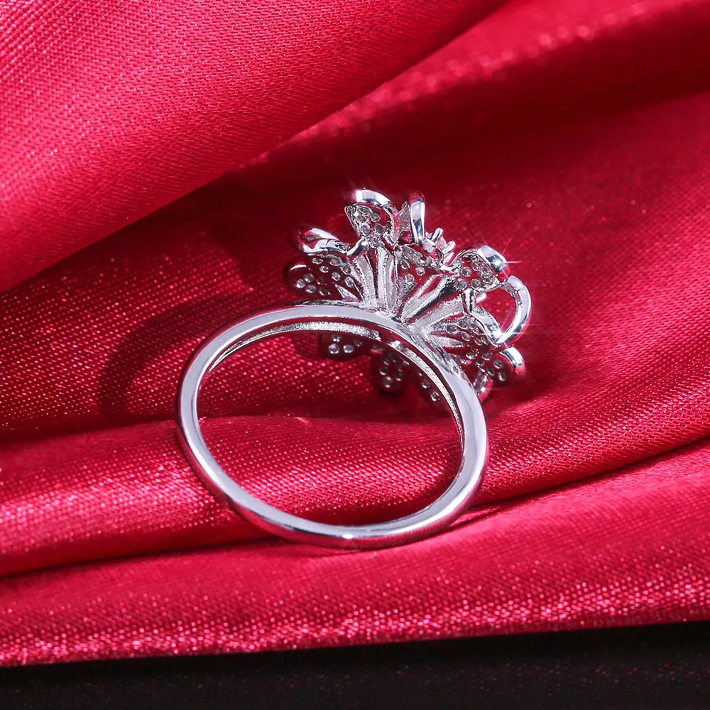 Cute Brilliant Elegant Snow Flower Flake Shaped With Cubic Zircon Stone Women Rings