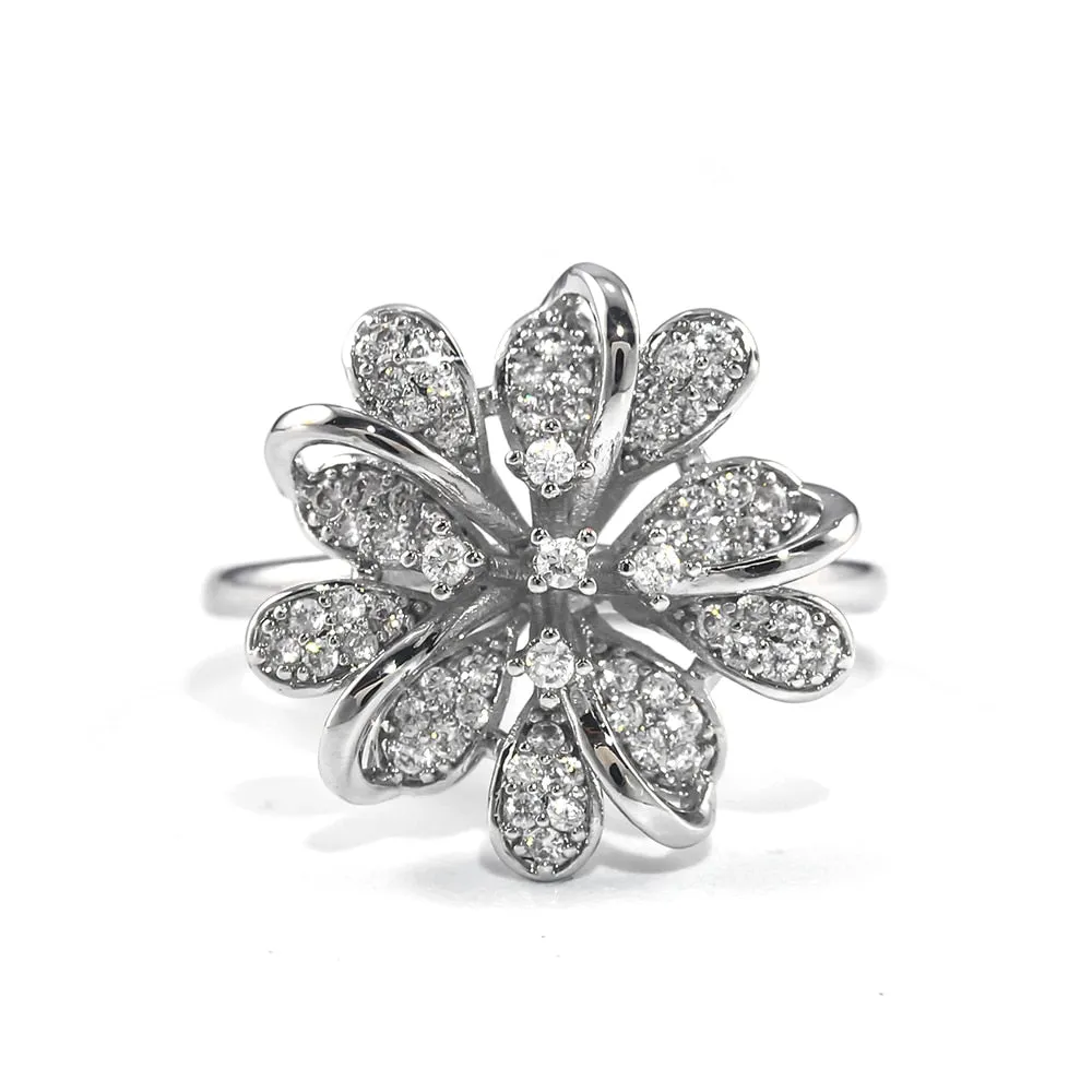 Cute Brilliant Elegant Snow Flower Flake Shaped With Cubic Zircon Stone Women Rings