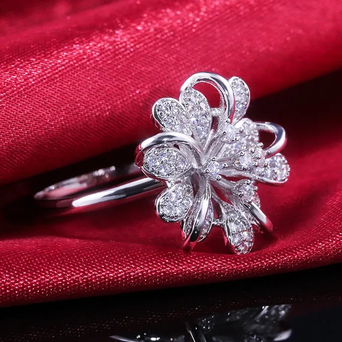Cute Brilliant Elegant Snow Flower Flake Shaped With Cubic Zircon Stone Women Rings
