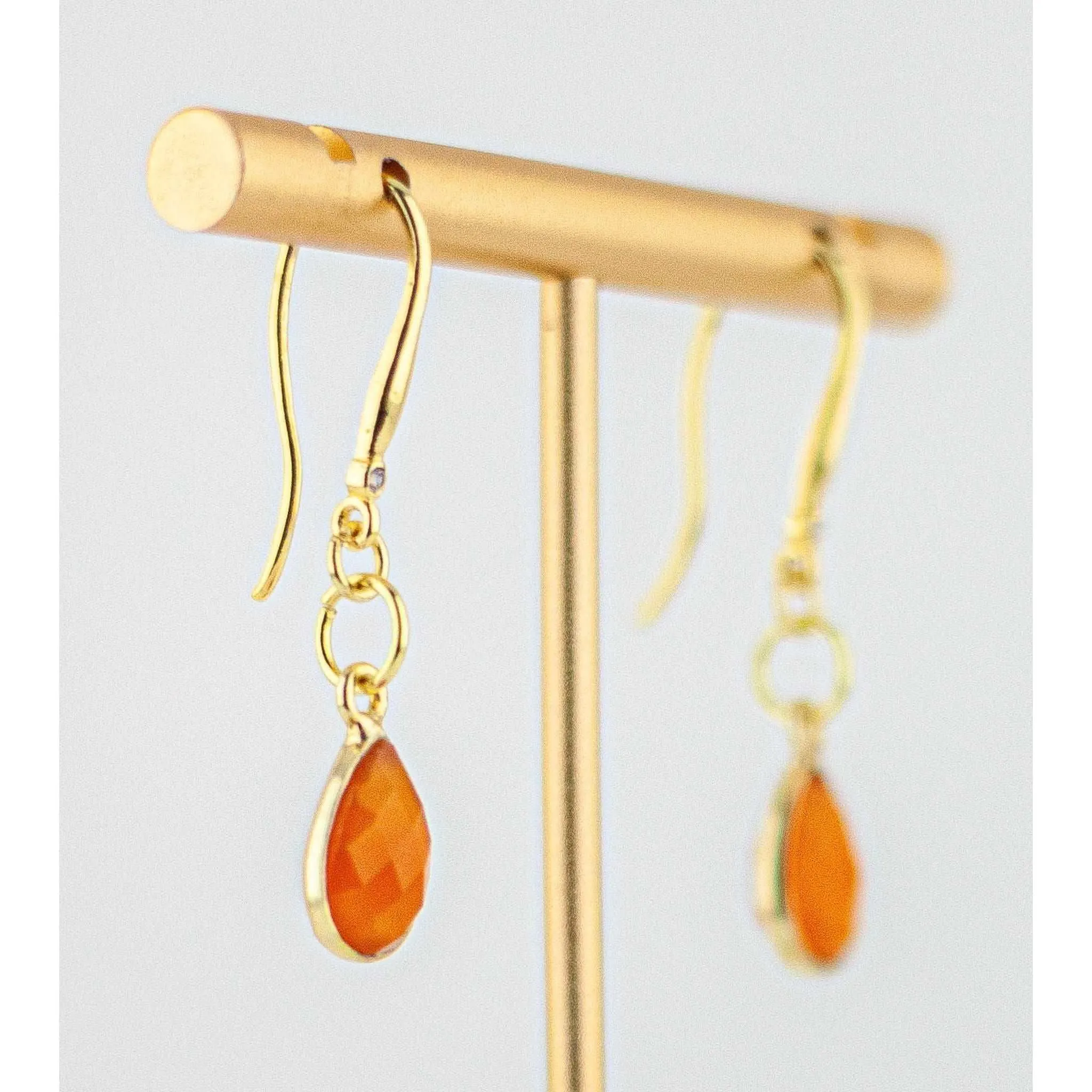Dainty Orange and Gold Carnelian Drop Earrings with Cubic Zirconia Accents