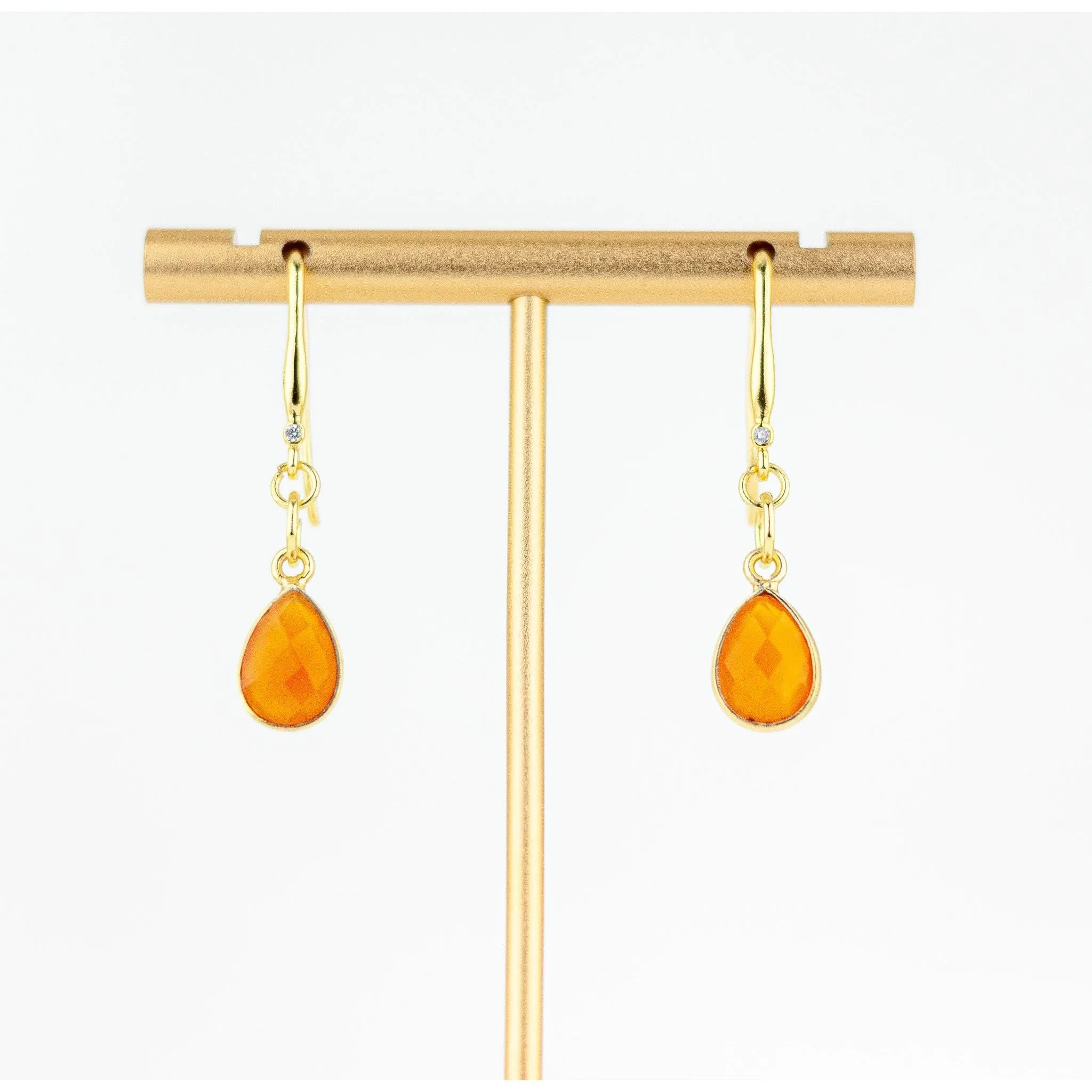 Dainty Orange and Gold Carnelian Drop Earrings with Cubic Zirconia Accents