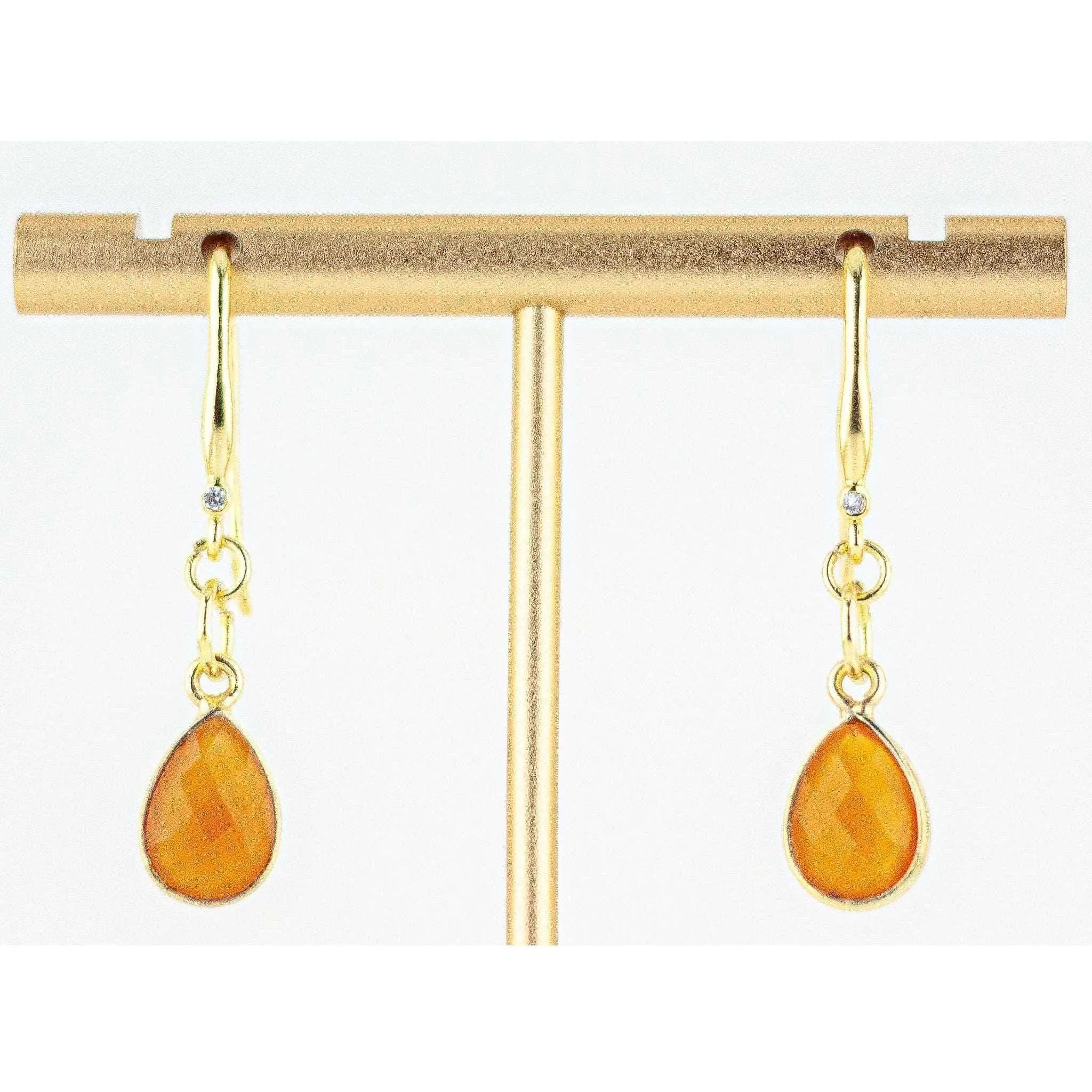 Dainty Orange and Gold Carnelian Drop Earrings with Cubic Zirconia Accents