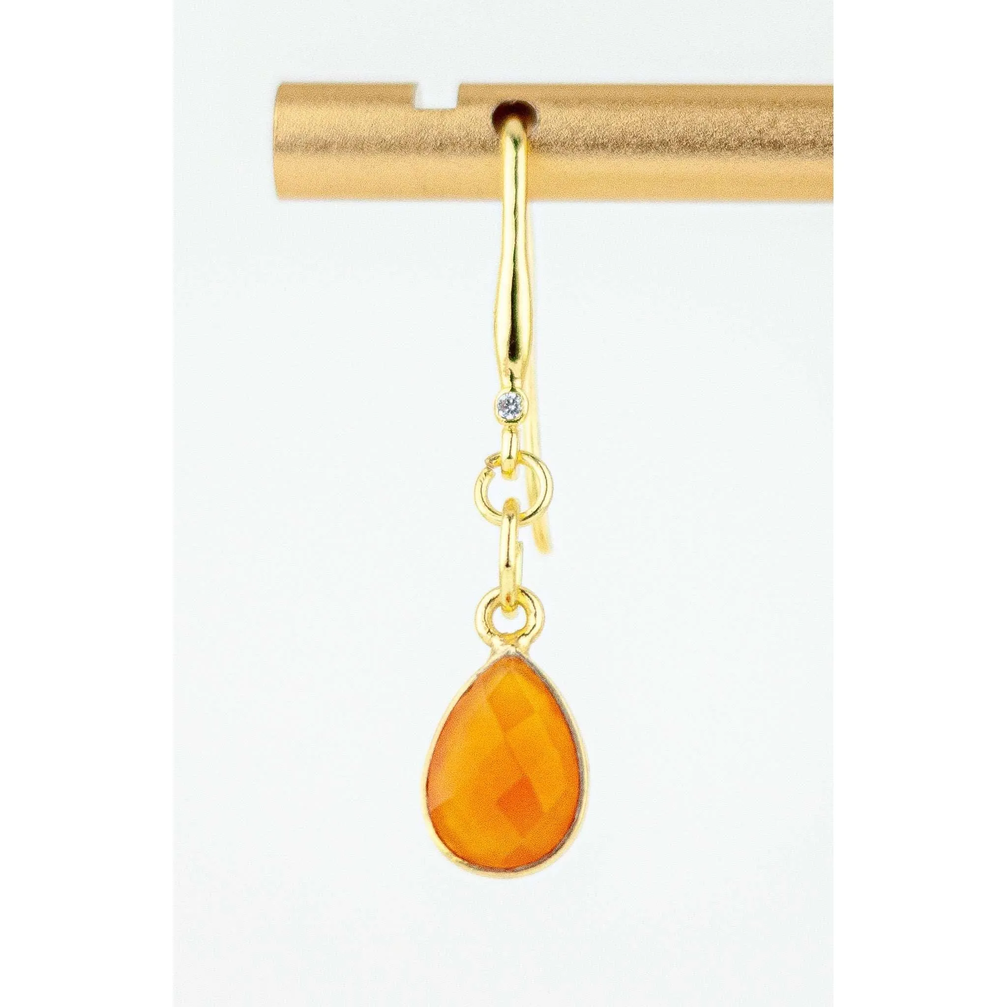 Dainty Orange and Gold Carnelian Drop Earrings with Cubic Zirconia Accents