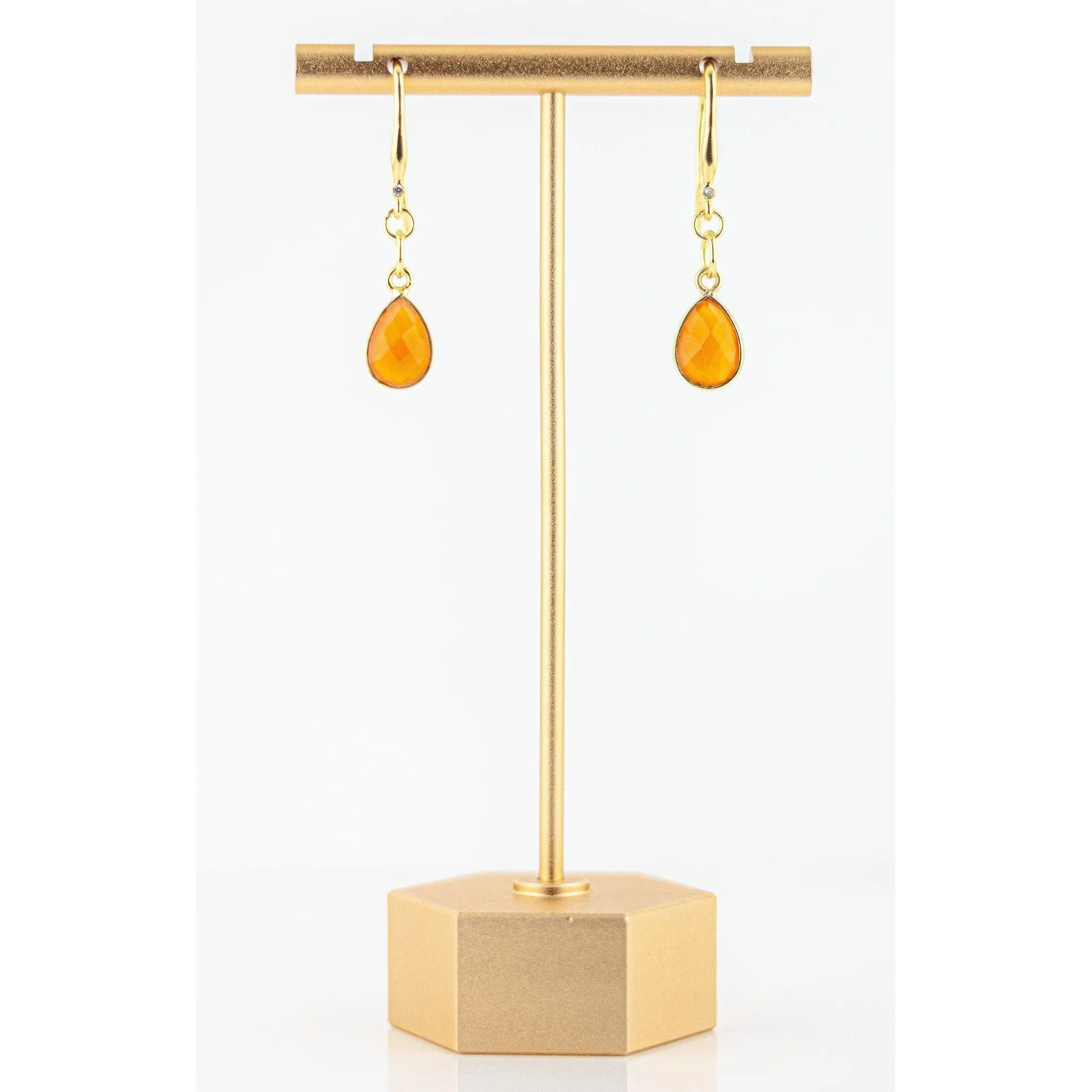 Dainty Orange and Gold Carnelian Drop Earrings with Cubic Zirconia Accents