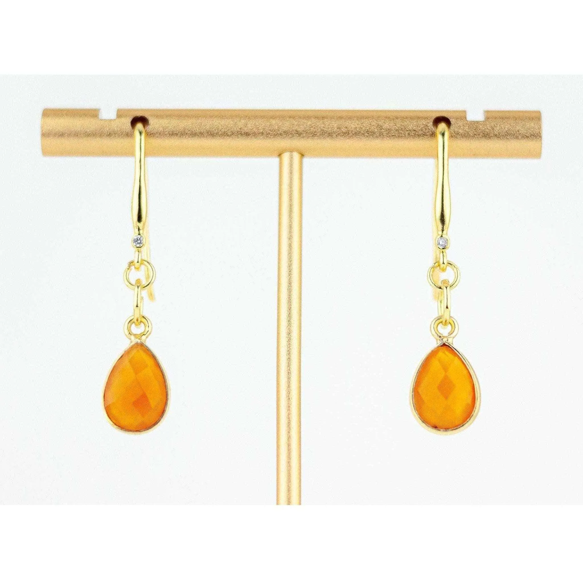 Dainty Orange and Gold Carnelian Drop Earrings with Cubic Zirconia Accents