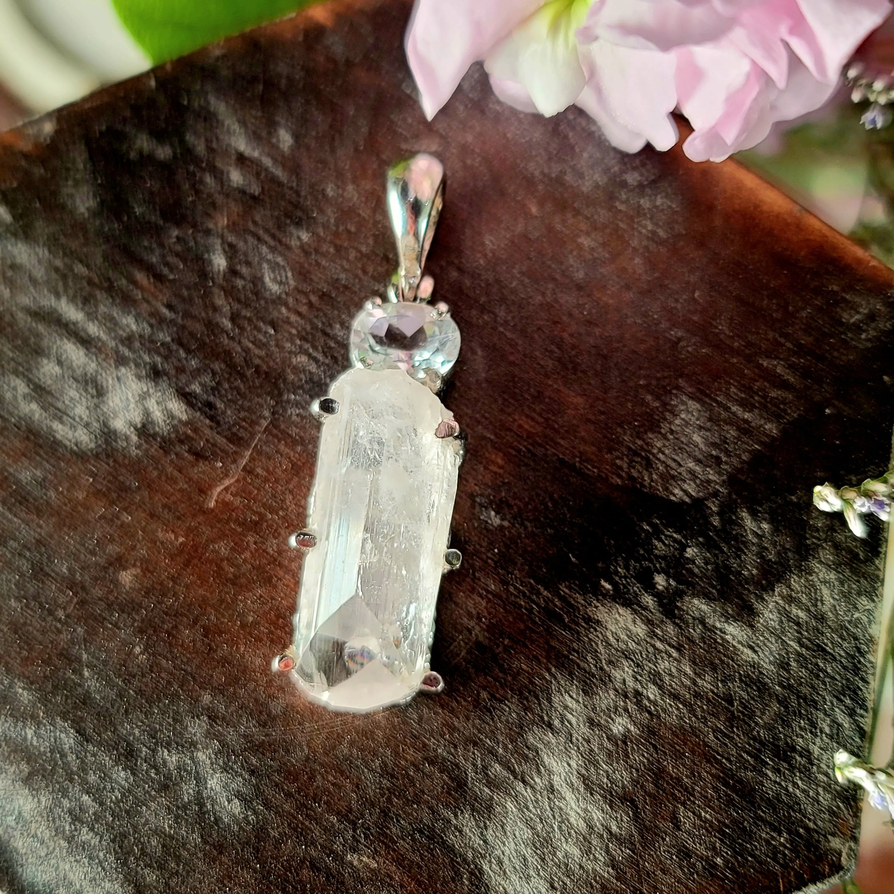 Danburite x White Topaz Pendant .925 Silver for Connection with Higher Realms, Peace and Self Acceptance