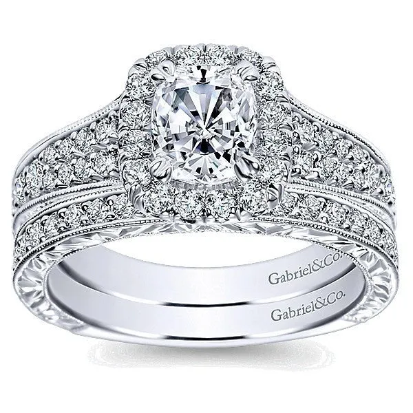Double Row Cushion Cut Halo Diamond Ring 14k White Gold 212A