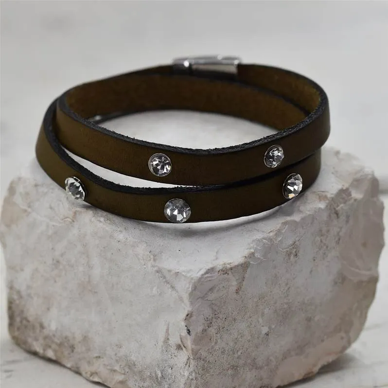 Double wrap around khaki leather bracelet with crystals