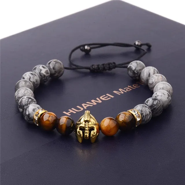 DOUVEI Drop Shipping Roman Knight Spartan Warrior Gladiator Helmet Bracelet Men Stone Bead Bracelet Mala Yoga Elastic Bracelet