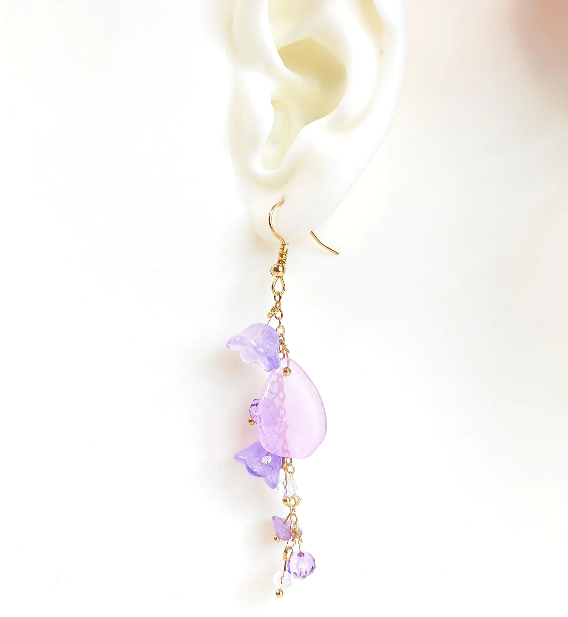 E196 purple lily flower long dangle earrings