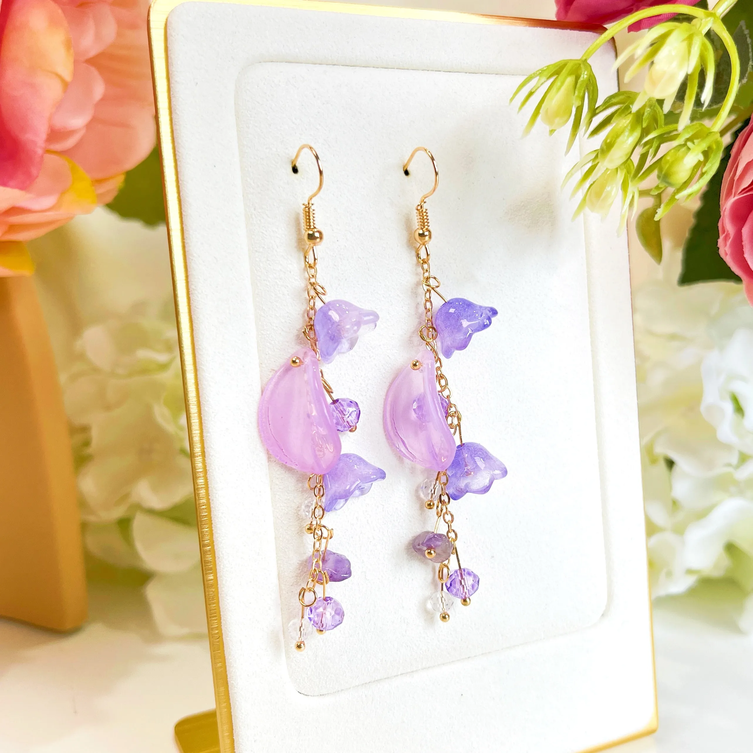 E196 purple lily flower long dangle earrings