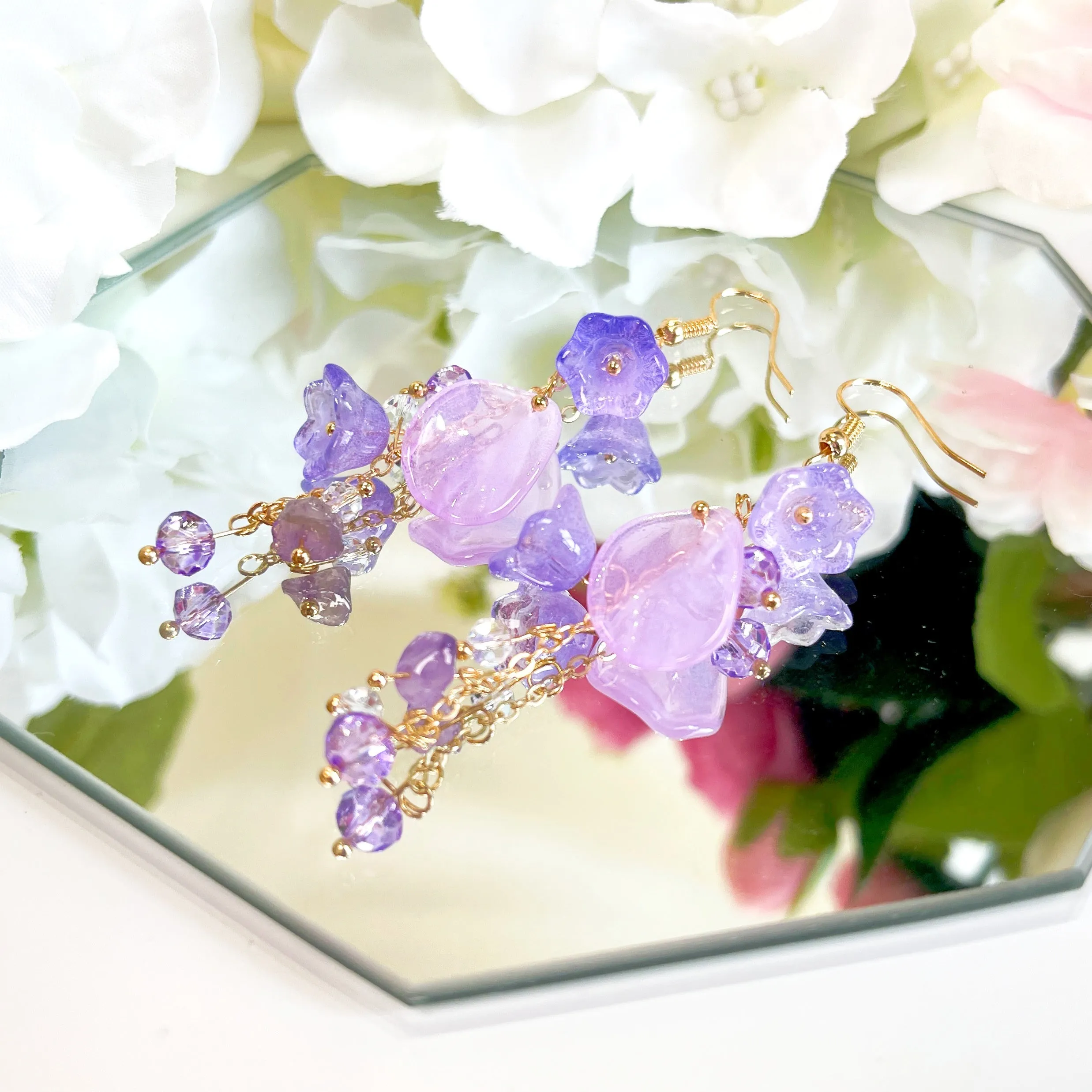 E196 purple lily flower long dangle earrings