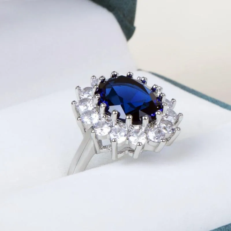 Elegant Fashionable Sunflower Design Oval Lab Sapphire Gemstone Ring