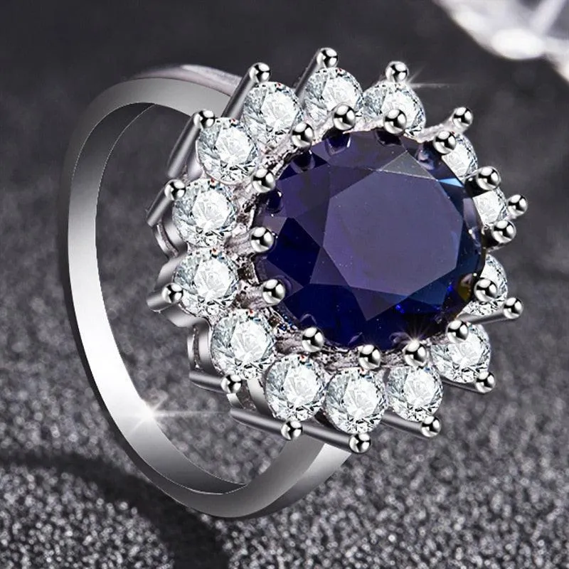 Elegant Fashionable Sunflower Design Oval Lab Sapphire Gemstone Ring