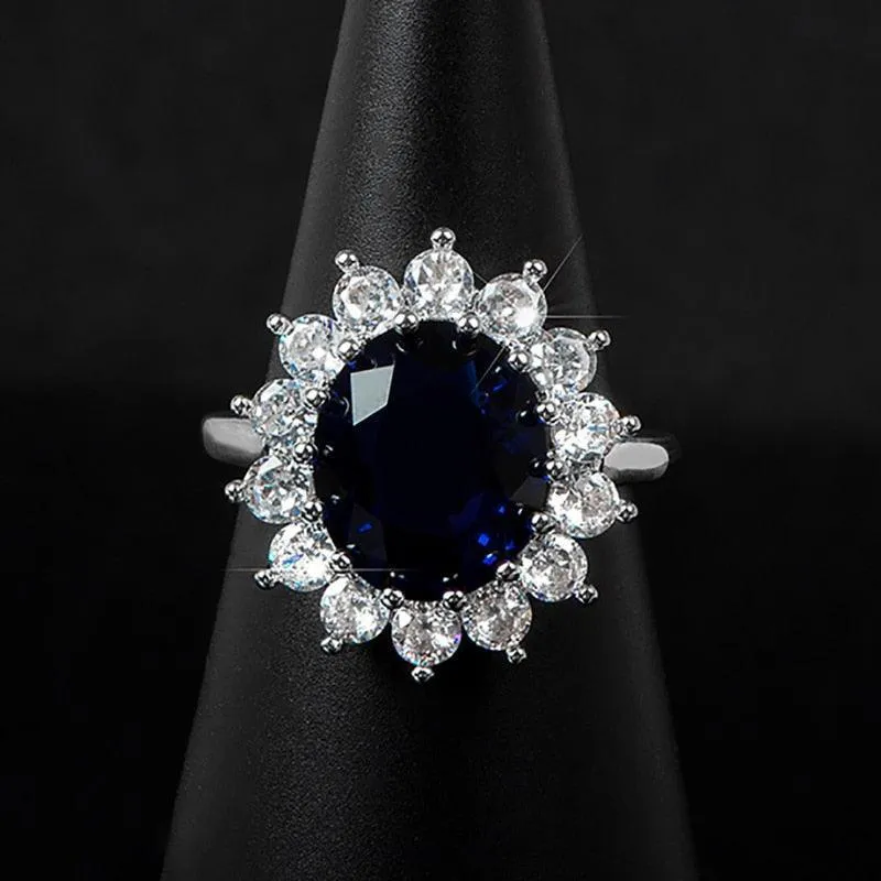Elegant Fashionable Sunflower Design Oval Lab Sapphire Gemstone Ring