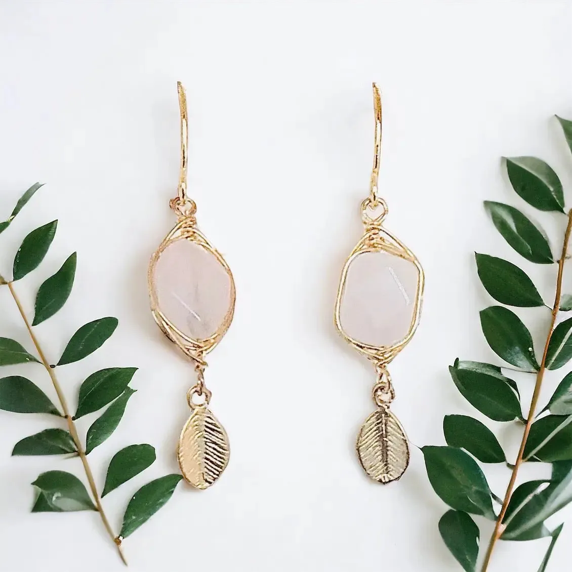 Energy Stone Leaf Drop Earrings (various stone options in gold or silver)