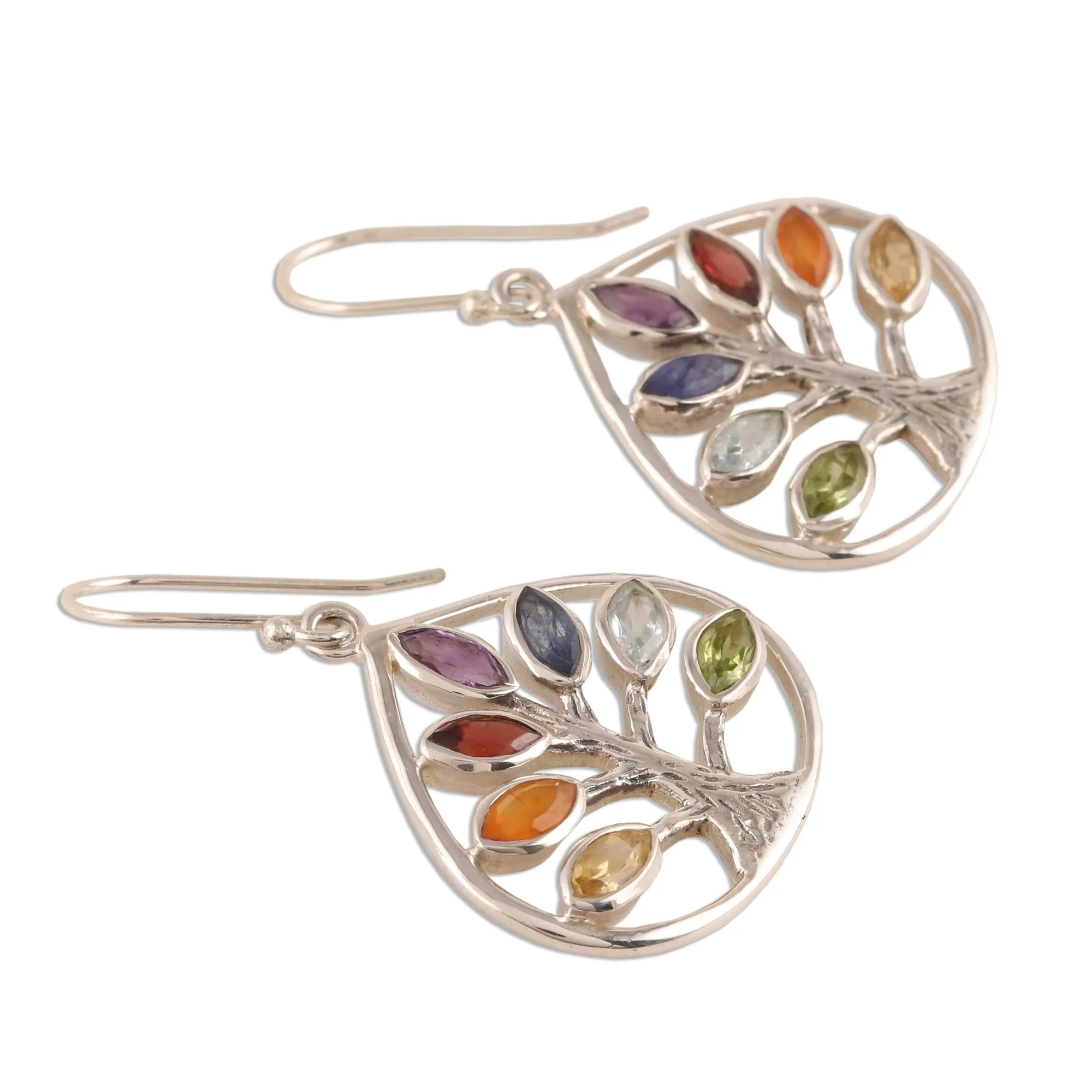 Energy Tree Multi-Gemstone Chakra Tree Dangle Earrings from India