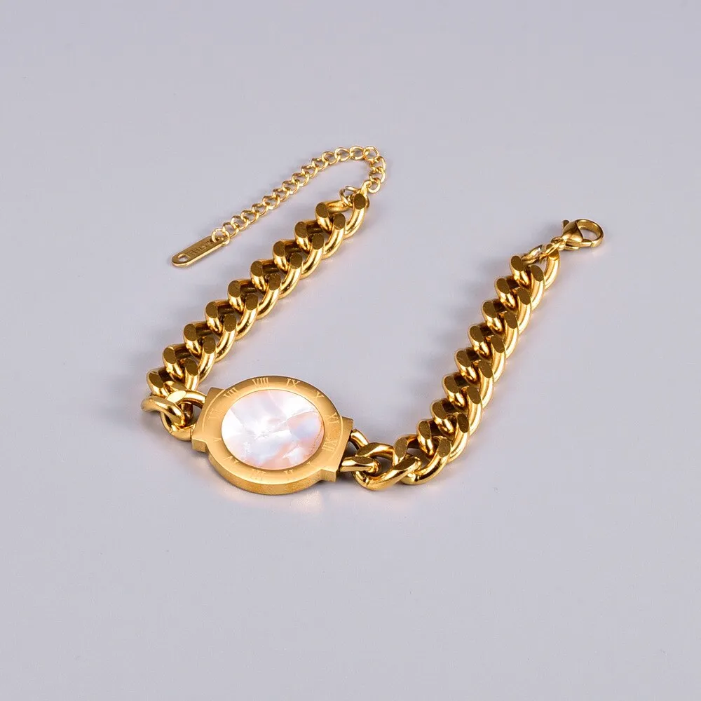 Fashion  Roman Numerals Natural Shell Charm Thick Chain Bracelets Bangles For Women