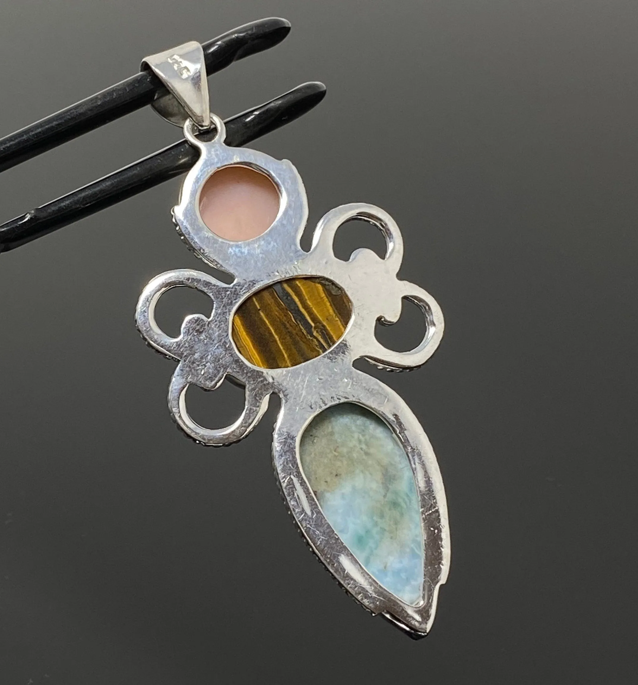 Gemstone Pendant - Larimar, Tigers Eye and Pink Opal Pendant, Wire Wrapped Pendant Silver Jewelry Gifts for Her, Bohemian Jewelry