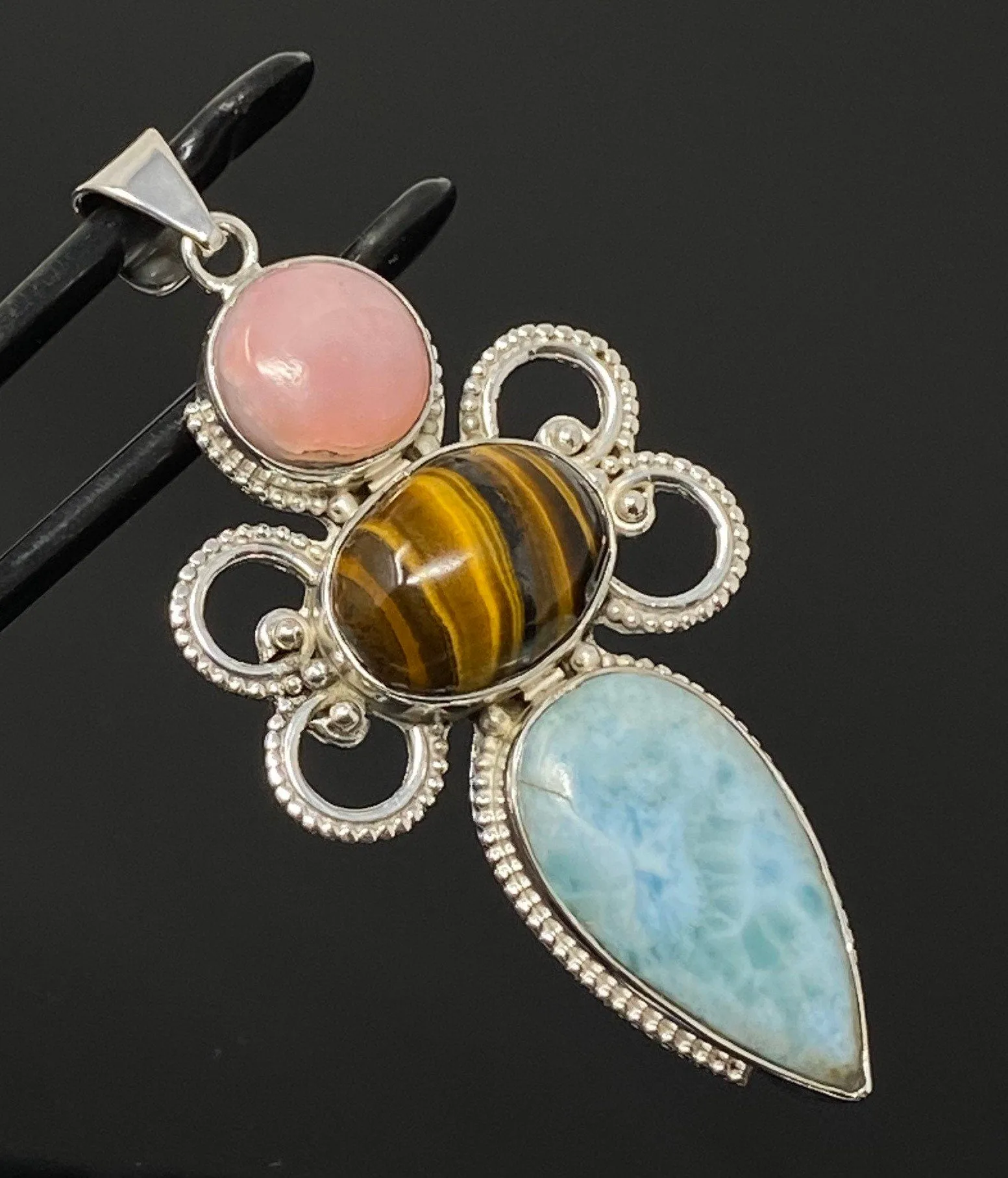 Gemstone Pendant - Larimar, Tigers Eye and Pink Opal Pendant, Wire Wrapped Pendant Silver Jewelry Gifts for Her, Bohemian Jewelry
