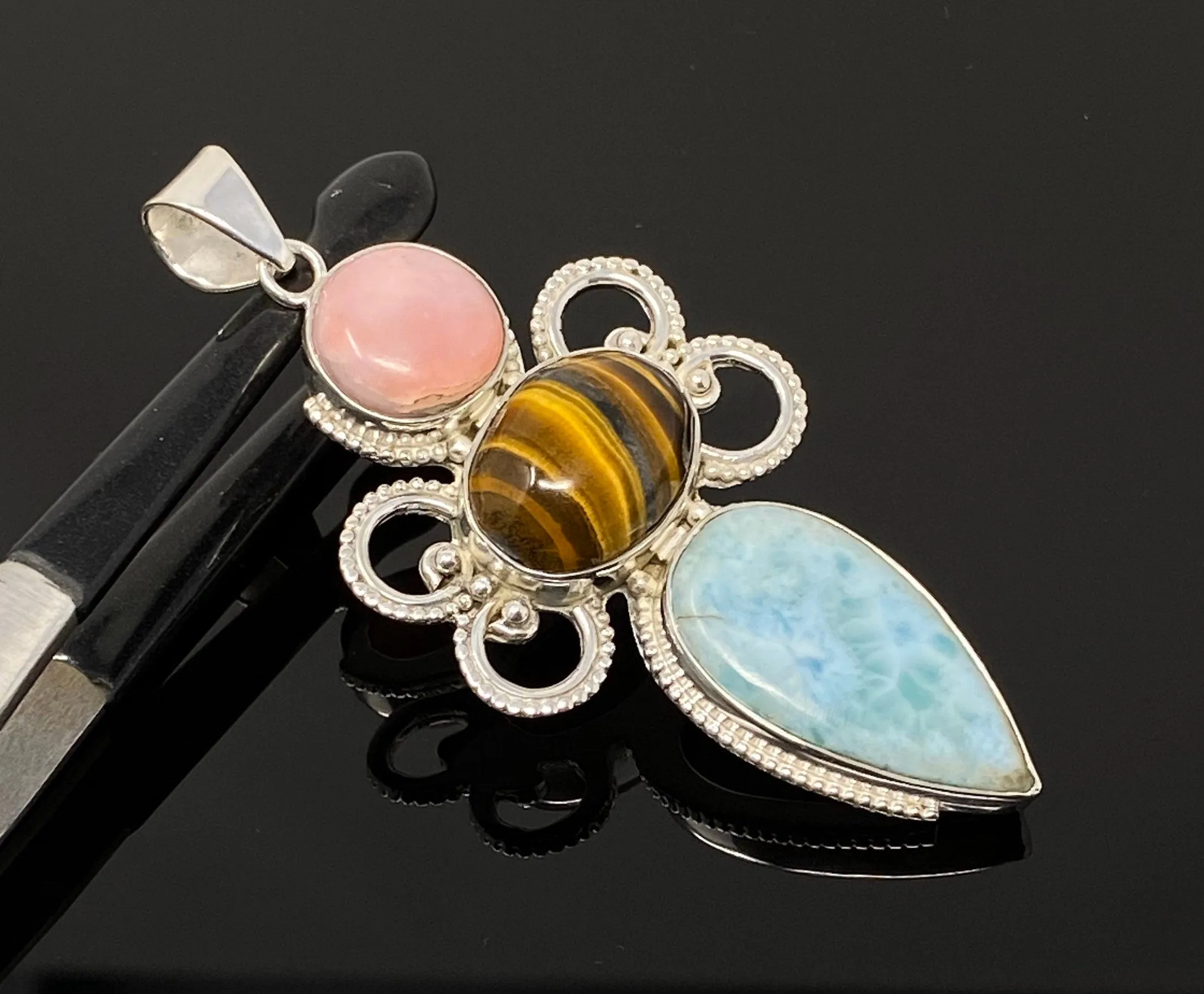 Gemstone Pendant - Larimar, Tigers Eye and Pink Opal Pendant, Wire Wrapped Pendant Silver Jewelry Gifts for Her, Bohemian Jewelry