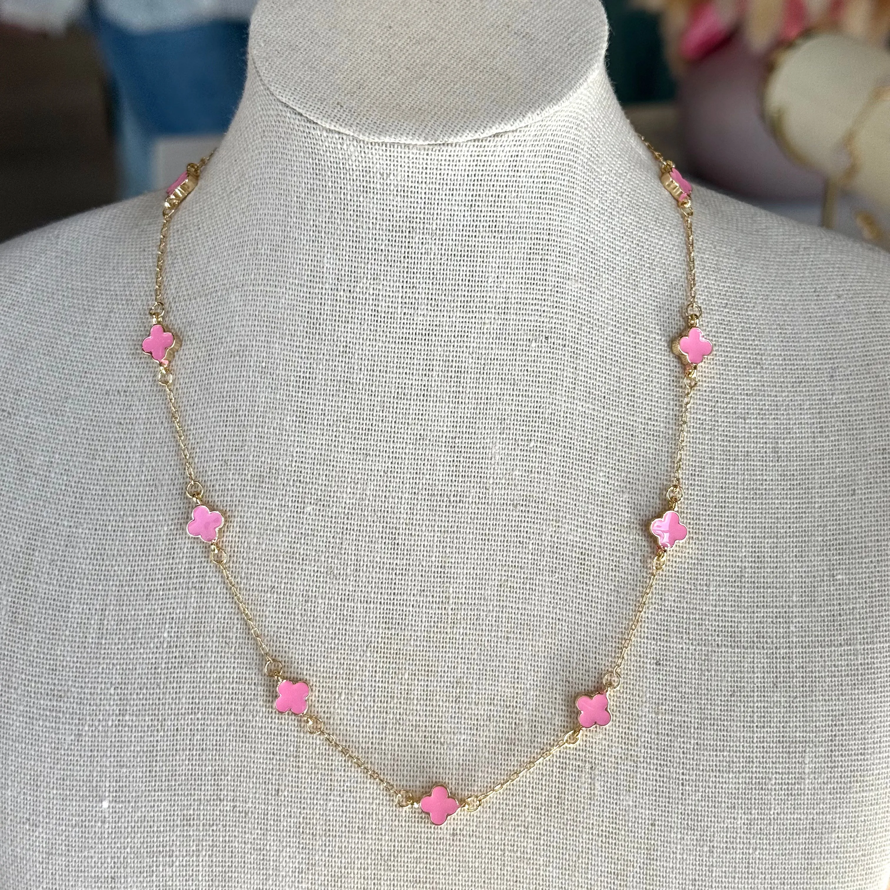 Gold Enamel Clover Charm Necklace - Pink