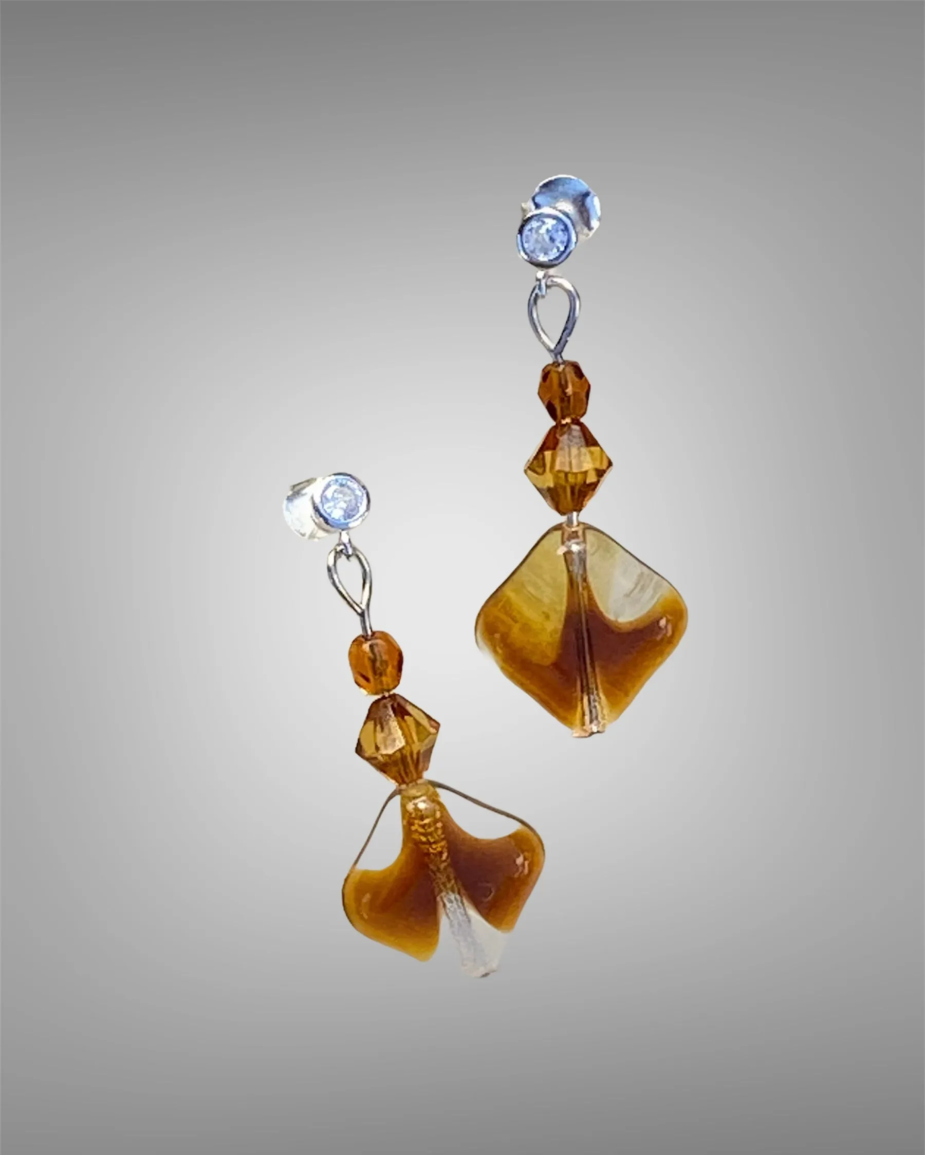 Golden Brown Tea Coloured Bead & White Topaz Stud Earrings