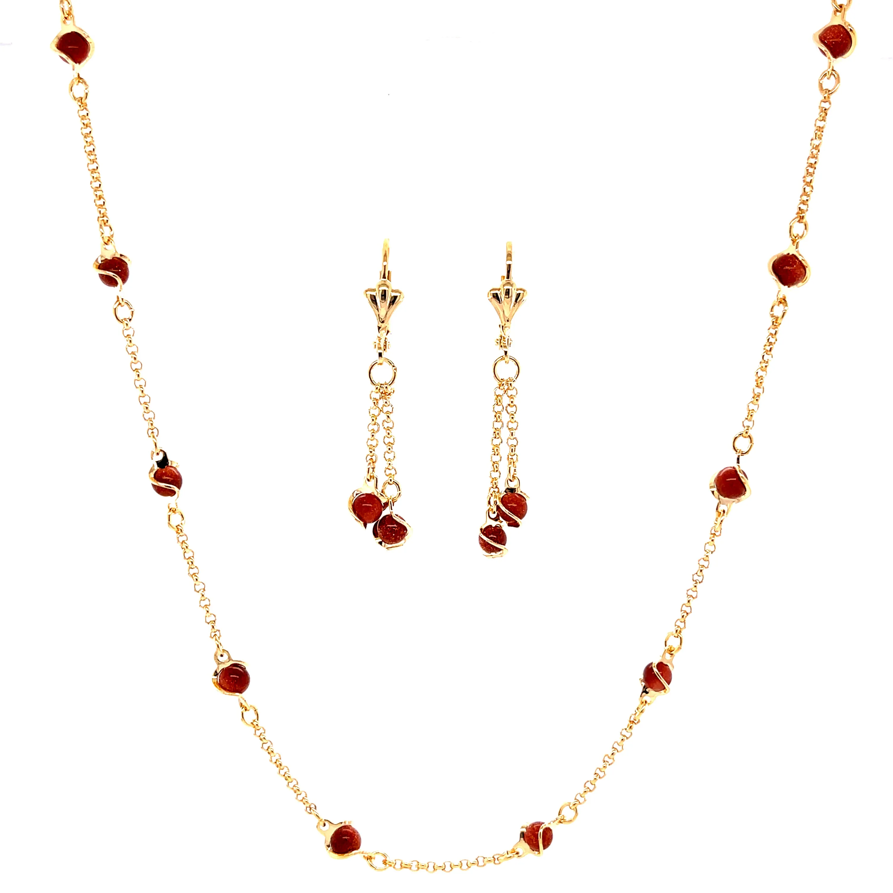 Goldstone Red Aventurine Rolo Chain Necklace and Drop Earrings