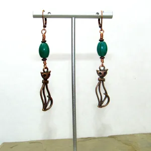 Green Agate gemstone and Copper Kitty Cat Drop Earrings