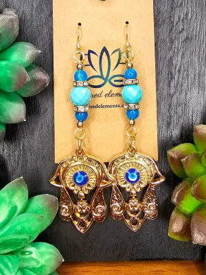 Hamsa Evil Eye Blue Agate & Turquoise Earrings Gold