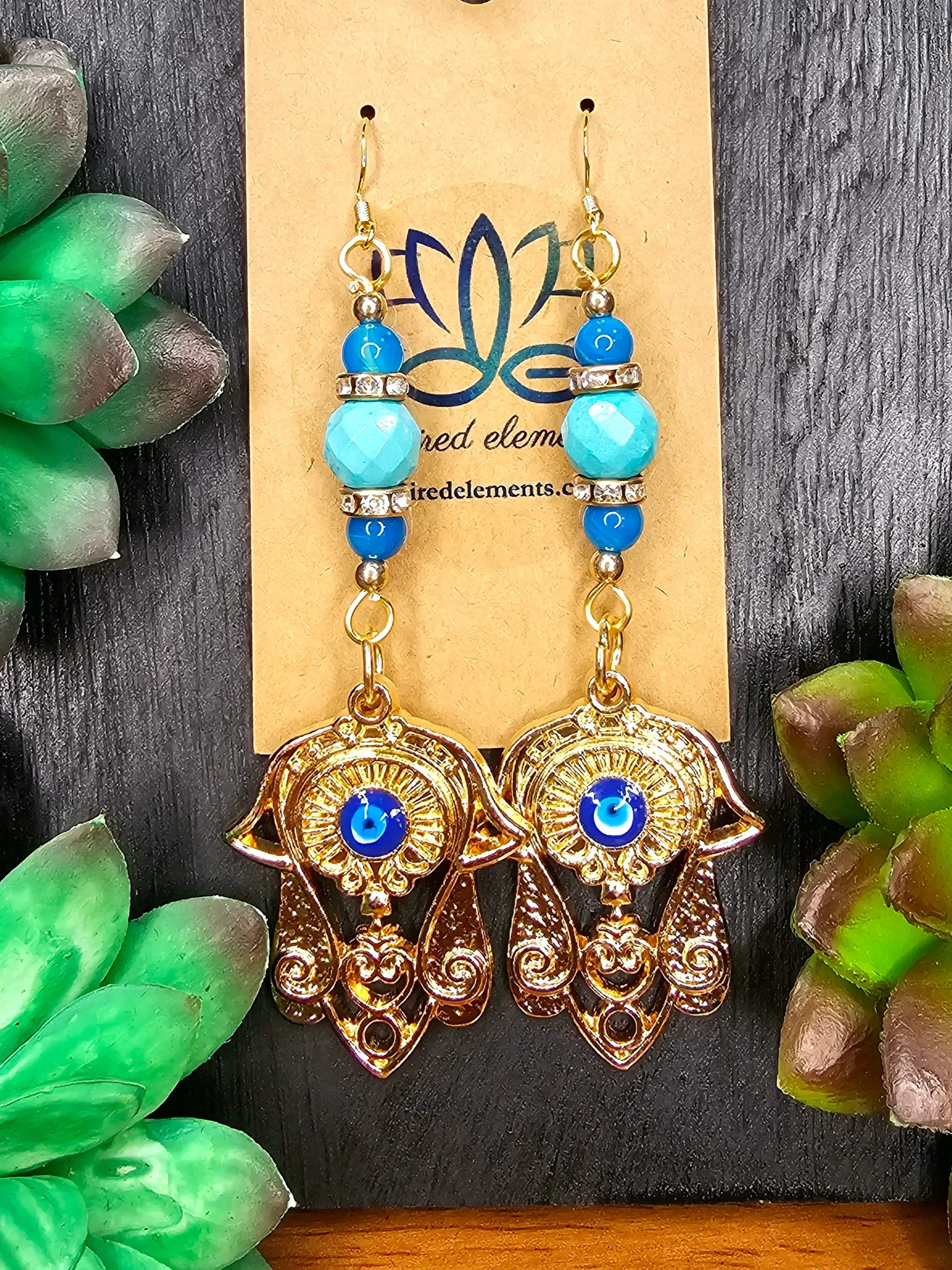 Hamsa Evil Eye Blue Agate & Turquoise Earrings Gold