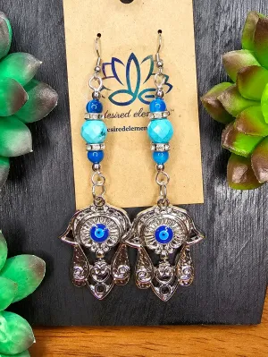 Hamsa Evil Eye Blue Agate & Turquoise Earrings Silver