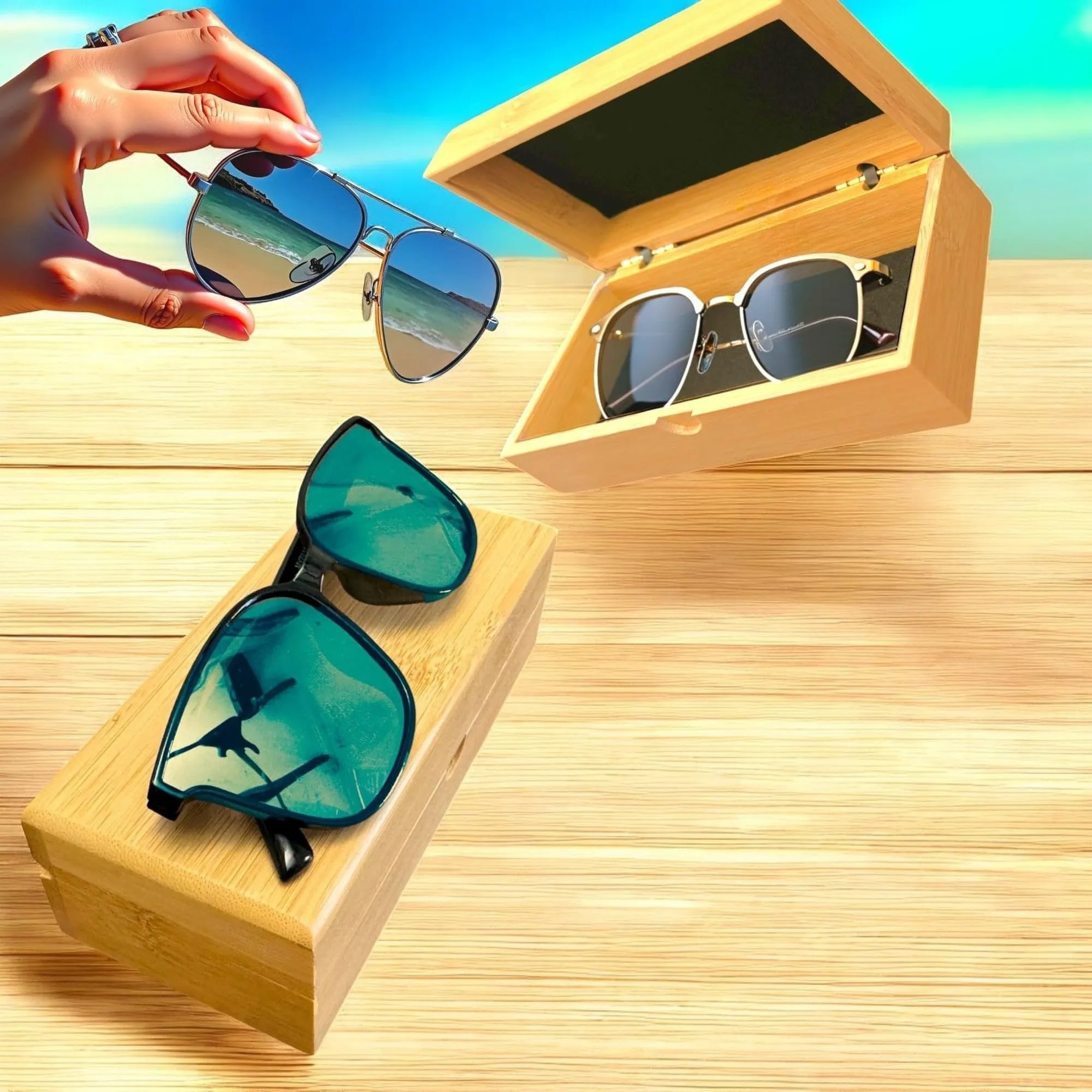 Handcrafted Bamboo- Personal Items   Sunglasses Case, Felt Lined, 6.5" x 3" x 2.1", Metal Hinges Sunglasses Case,Bamboo Wood Box for Jewelery, Watches, Rings, Eyeglasses, Medications, etc.