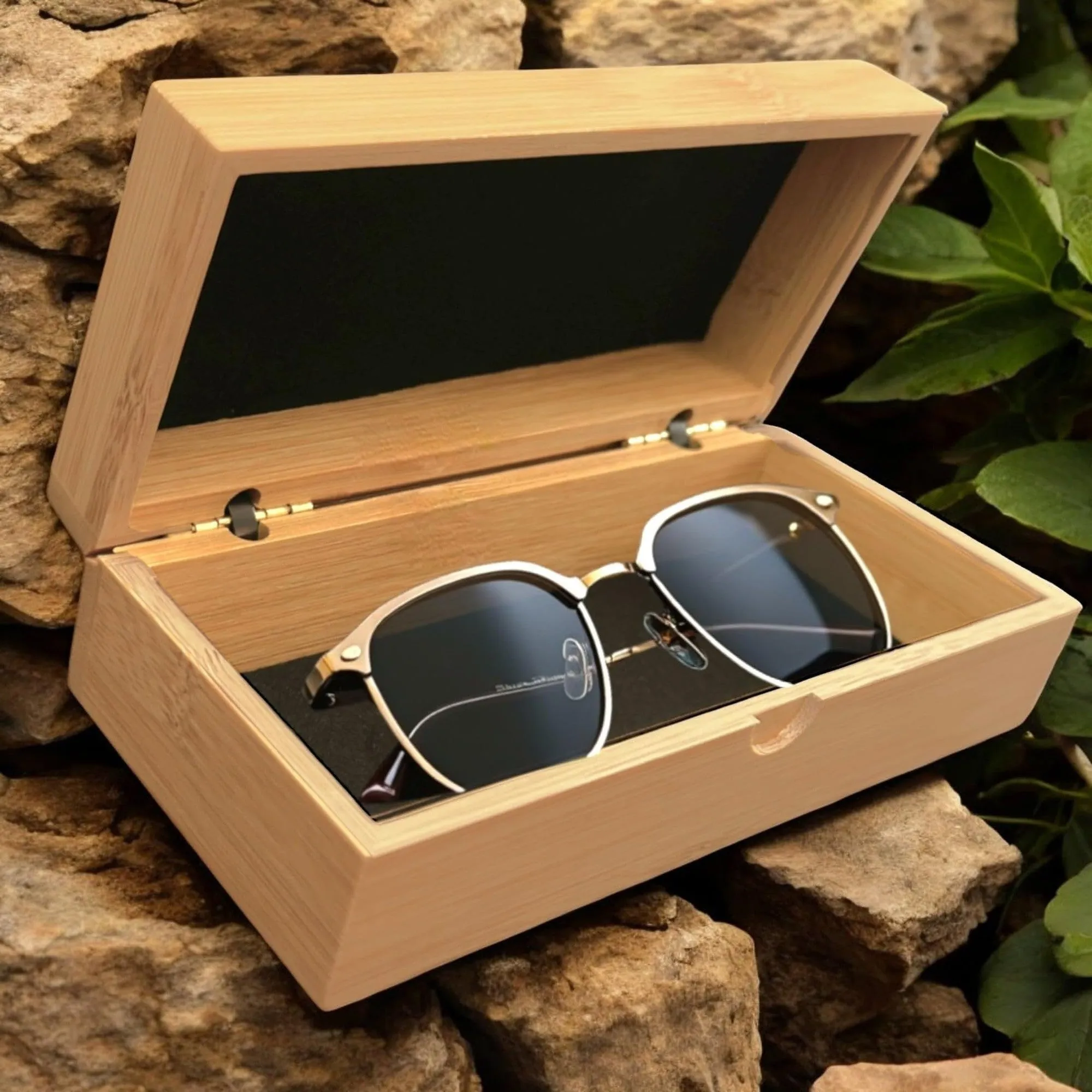 Handcrafted Bamboo- Personal Items   Sunglasses Case, Felt Lined, 6.5" x 3" x 2.1", Metal Hinges Sunglasses Case,Bamboo Wood Box for Jewelery, Watches, Rings, Eyeglasses, Medications, etc.