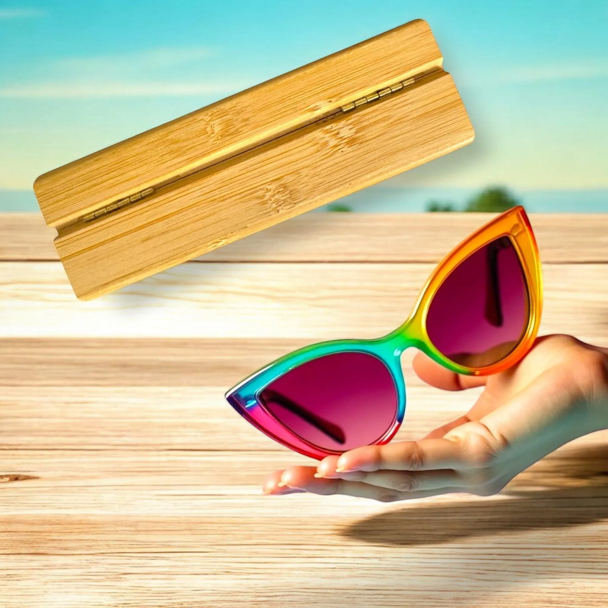 Handcrafted Bamboo- Personal Items   Sunglasses Case, Felt Lined, 6.5" x 3" x 2.1", Metal Hinges Sunglasses Case,Bamboo Wood Box for Jewelery, Watches, Rings, Eyeglasses, Medications, etc.