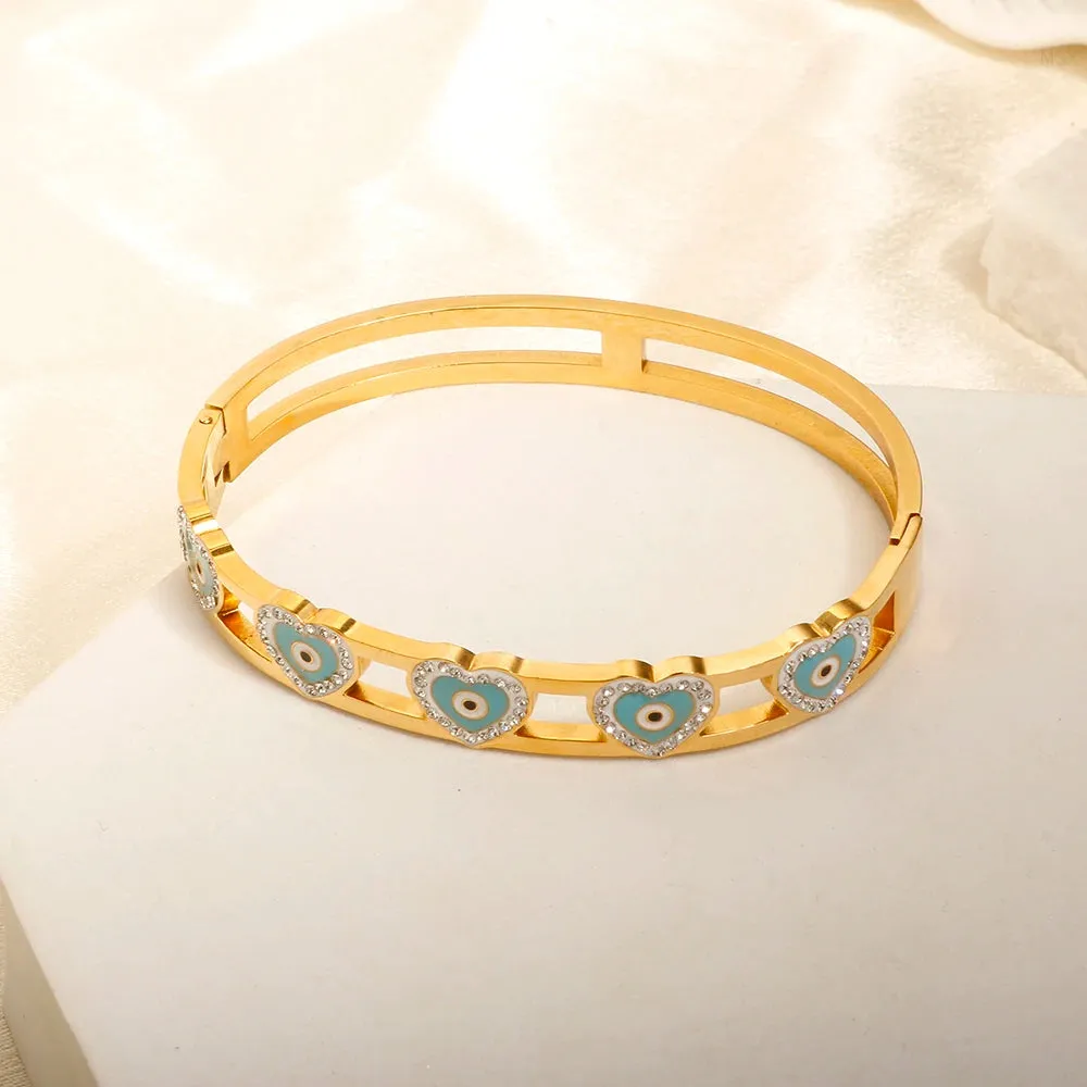 Heart Evil Eye Charm Bangles Hollow Crystal Enamel Bracelets Jewelry