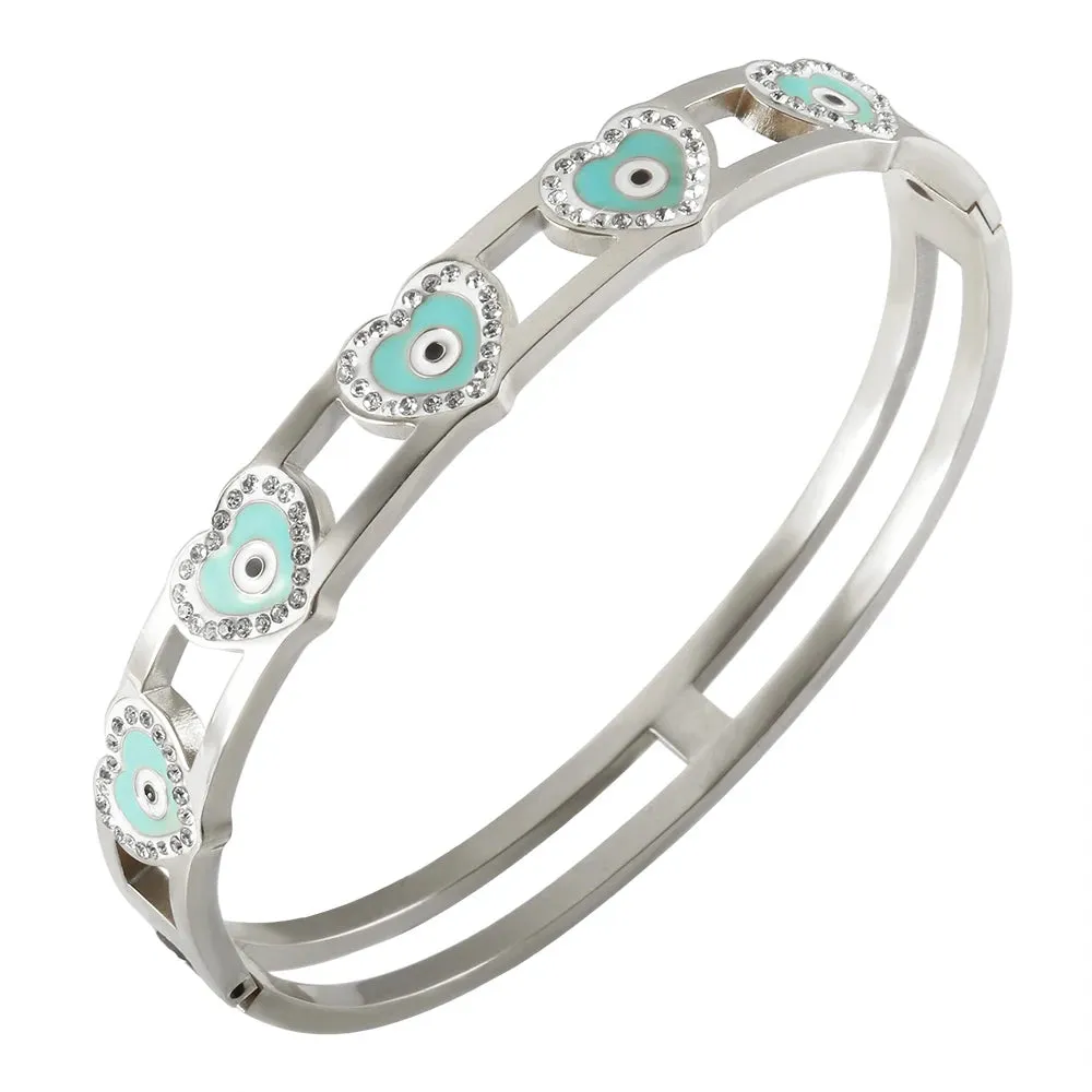Heart Evil Eye Charm Bangles Hollow Crystal Enamel Bracelets Jewelry