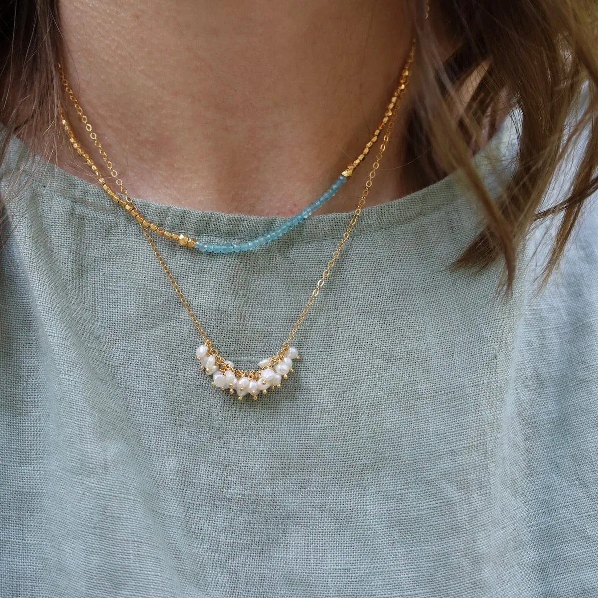 Horizontal Cluster Necklace - Keishi Pearl