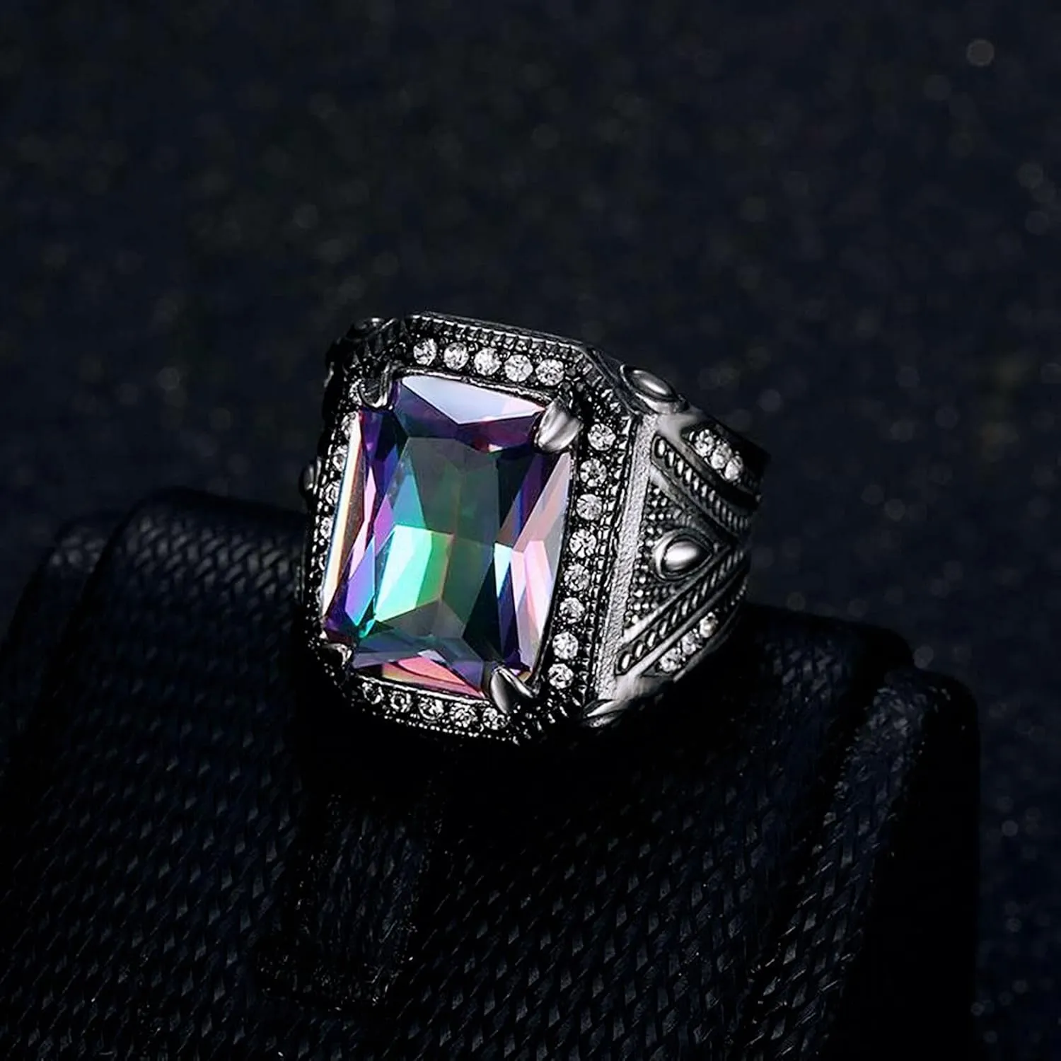 ICED OUT Eagle Crawl Multi-color Stone Rings for Men Square Pattern Religion's ring Stainless Steel Jewelry Rings for Men rings for Christian Heavy Metal ring Party